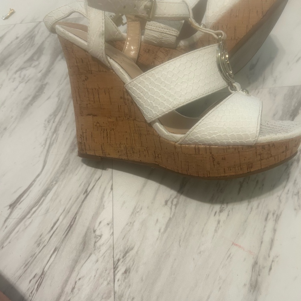 White Wedge Sandals with Ankle Strap and Platform
